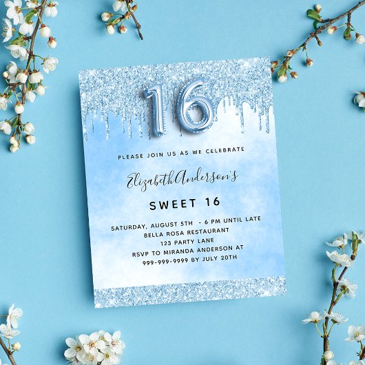 Papier Invitation budget glitter bleu clair pour Sweet 16