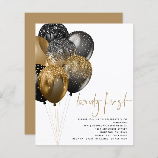 Papier Invitation Budget Gold Black Balloons 21e partie (Devant / Derrière)