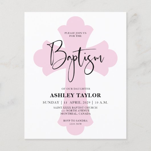 Papier Invitation Budget Light Pink Cross Baptism (Devant)