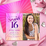 Papier Invitation Budget Photo Sweet 16 Dégradé Rose Oran<br><div class="desc">« Joyeux 16e anniversaire ». Envoyez cette invitation de fête photo personnalisée rétro bohème et tendance pour un événement inoubliable. Sur le côté gauche, une typographie amusante, tendance et audacieuse rose foncé et violet avec une typographie moderne sans empattement se superpose sur un fond de rayons dégradés orange clair et...</div>