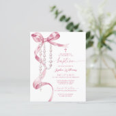 Papier Invitation Budget Pink Bow & Rosary Baptism (Debout devant)