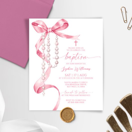 Papier Invitation Budget Pink Bow & Rosary Baptism