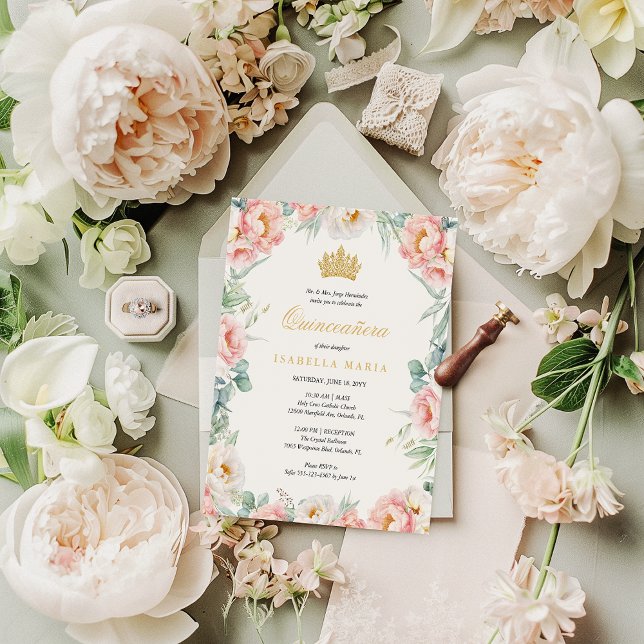 Papier Invitation Budget Pink Gold Floral Quinceañera (This pink floral quinceanera invitation with gold crown is an elegant way to announce your party)