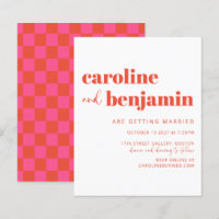 Invitation Budget Pink Red Simple Checkerboard Wed