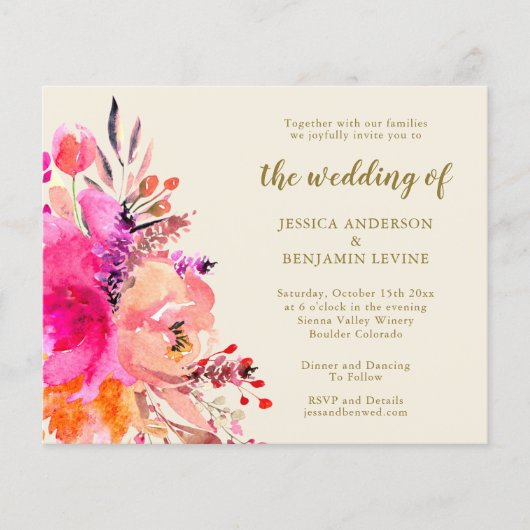 Papier Invitation Budget Pink Watercolor Floral Wedding (Devant)