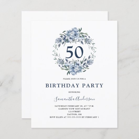 Papier Invitation budget pour 50e anniversaire floral ble (Devant / Derrière)