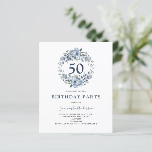 Papier Invitation budget pour 50e anniversaire floral ble (Debout devant)
