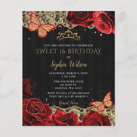 Papier Invitation Budget Roses Rouges Or Noir Sweet 16 (Devant)