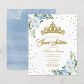 Papier Invitation Budget Sweet 16 Couronne Dusty Blue Flo (Devant / Derrière)