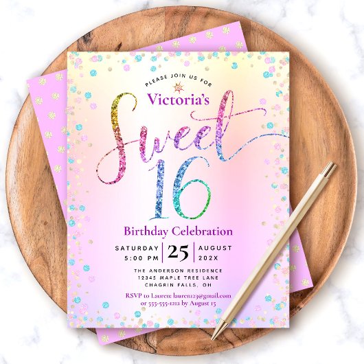 Papier Invitation Budget Sweet 16 Pailleté Dégradé Arc-en