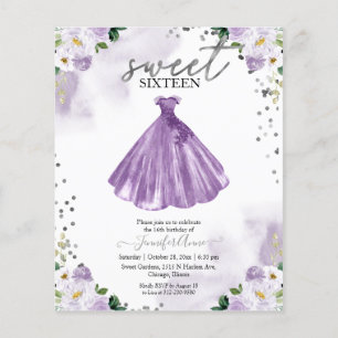 Papier Invitation Budget Sweet 16 Robe Fleurie Violette