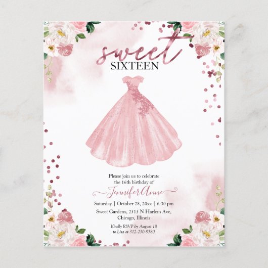 Papier Invitation Budget Sweet 16 Robe florale Rose Gold (Devant)