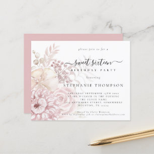 Papier Invitation Budget Sweet Sixteen Fleurs roses poudr