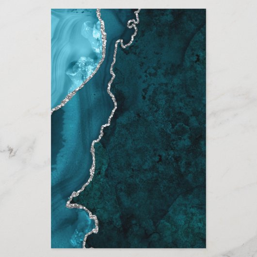 Papier Invitation Budget Turquoise Blue Silver Agate Mari (Dos)