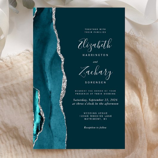 Papier Invitation Budget Turquoise Blue Silver Agate Mari