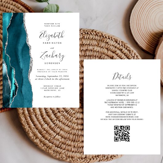 Papier Invitation Budget Turquoise Silver Agate QR Code M