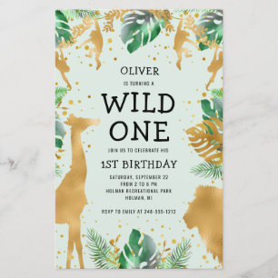 Papier Invitation Budget Wild One Safari Vert Or