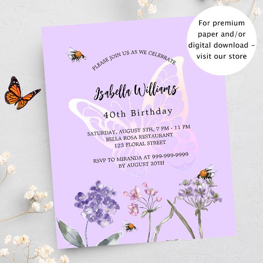 Papier Invitation budgétaire aux fleurs de violet papillo