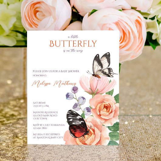 Papier Invitation budgétaire baby shower papillon floral