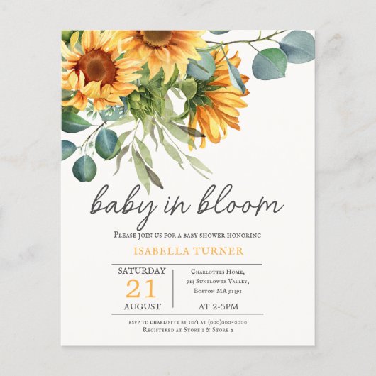 Papier Invitation budgétaire du Baby shower de tournesol (Devant)