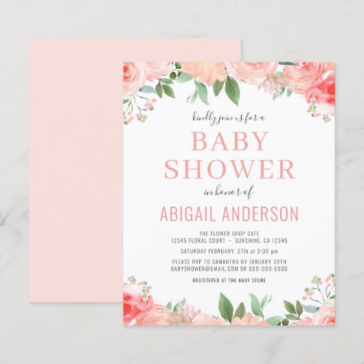 Papier Invitation budgétaire du Baby shower floral de cor (Devant / Derrière)