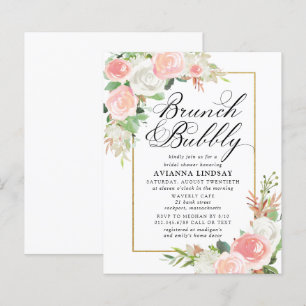Papier Invitation bulleuse de brunch floral rose et blanc