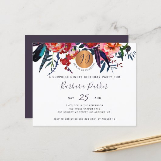 Papier Invitation chic et florale à petit budget pour 90e (Devant/Arrière en situation)