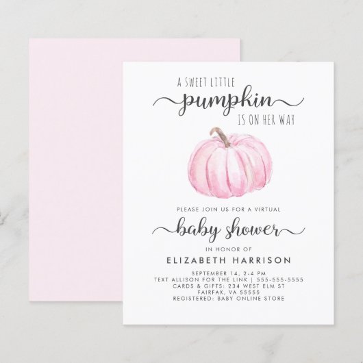 Papier Invitation Citrouille virtuelle Baby Girl Shower r (Devant / Derrière)