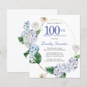 Papier Invitation d'anniversaire 100 ans Budget Hydrangea (Devant / Derrière)