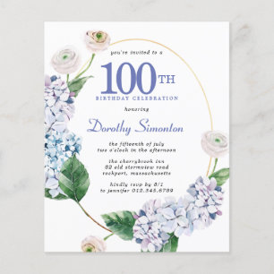 Papier Invitation d'anniversaire 100 ans Budget Hydrangea