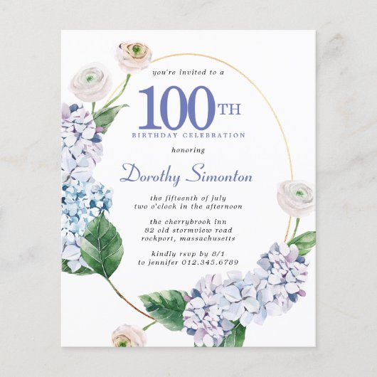 Papier Invitation d'anniversaire 100 ans Budget Hydrangea (Devant)