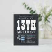 Papier Invitation d'anniversaire 13 ans tableau noir bleu (Debout devant)