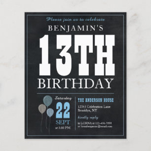 Papier Invitation d'anniversaire 13 ans tableau noir bleu