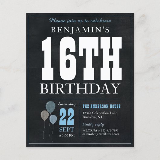 Papier Invitation d'anniversaire 16 ans Tableau Noir Bleu (Devant)
