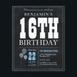 Papier Invitation d'anniversaire 16 ans Tableau Noir Bleu<br><div class="desc">Invitation de fête d'anniversaire 16 ans Balloon Bleu Blanc Tableau Noir Vintage Rustique</div>