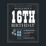 Papier Invitation d'anniversaire 16 ans Tableau Noir Bleu<br><div class="desc">Invitation de fête d'anniversaire 16 ans Balloon Bleu Blanc Tableau Noir Vintage Rustique</div>