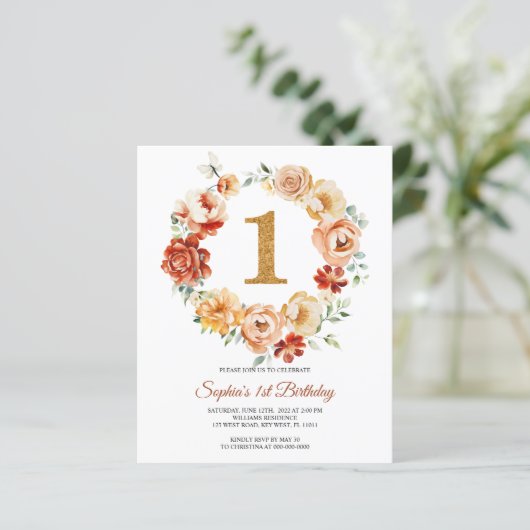 Papier Invitation d'anniversaire 1 an Couronne rose et ro (Debout devant)