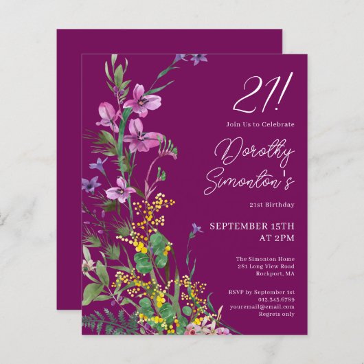 Papier Invitation d'anniversaire 21 ans BUDGET Violet Jau (Devant / Derrière)