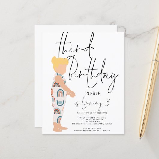 Papier Invitation d'anniversaire 3 ans Budget Script Girl (Devant/Arrière en situation)
