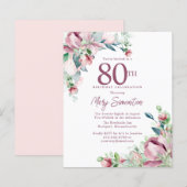 Papier Invitation d'anniversaire 80 ans à fleurs rose pas (Devant / Derrière)