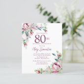 Papier Invitation d'anniversaire 80 ans à fleurs rose pas (Debout devant)