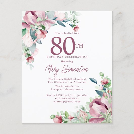 Papier Invitation d'anniversaire 80 ans à fleurs rose pas (Devant)