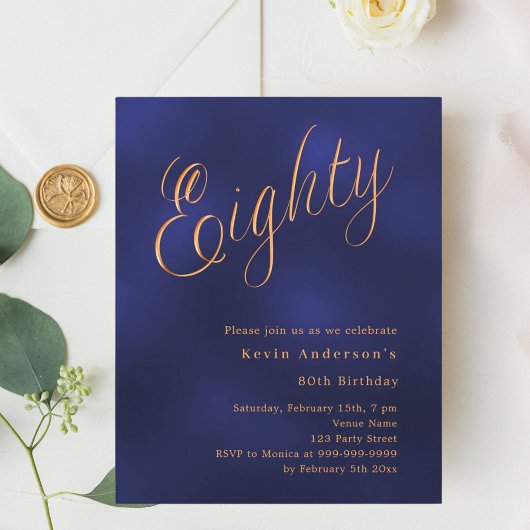 Papier Invitation d'anniversaire 80 ans écriture or sur f