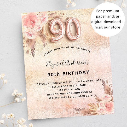 Papier Invitation d'anniversaire 90 ans avec herbe de pam