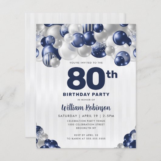 Papier Invitation d'anniversaire à ballon en bleu marine  (Devant / Derrière)