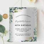 Papier Invitation d'anniversaire à l'eucalyptus argenté<br><div class="desc">Arrière - plan à l'aspect argent faux décoré de végétation eucalyptus,  feuillage doré et parties scintillant argent et vert faux,  scintille. Personnalisez et ajoutez votre nom et les détails de votre fête. Lettres noires.</div>