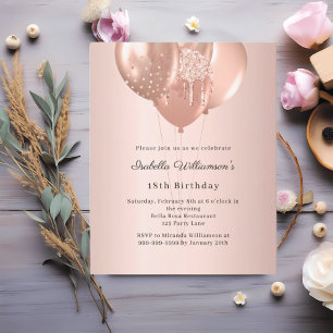 Papier Invitation d'anniversaire avec ballons en or rose