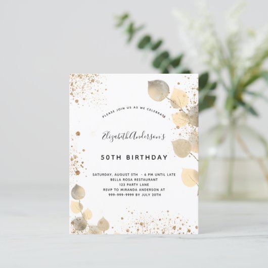 Papier Invitation d'anniversaire avec feuillage d'eucalyp (Debout devant)