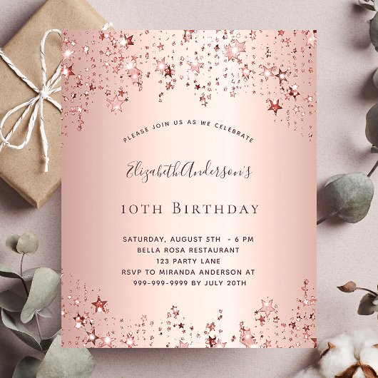 Papier Invitation d'anniversaire budget étoile or rose