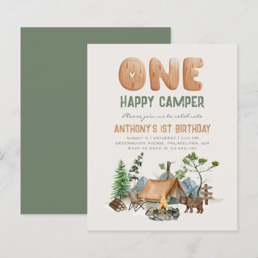 Papier Invitation d'anniversaire Budget One Happy Camper  (Devant / Derrière)